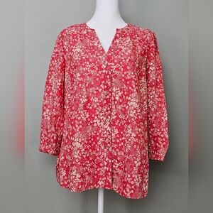 Womens Oversized Floral 3/4 Sleeve Button-Down V-Neck Top | Knox Rose | Red XS